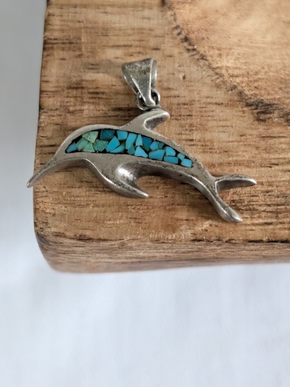 Vintage Sterling Silver Turquoise Chip Inlay Dolphin Pendant Petite